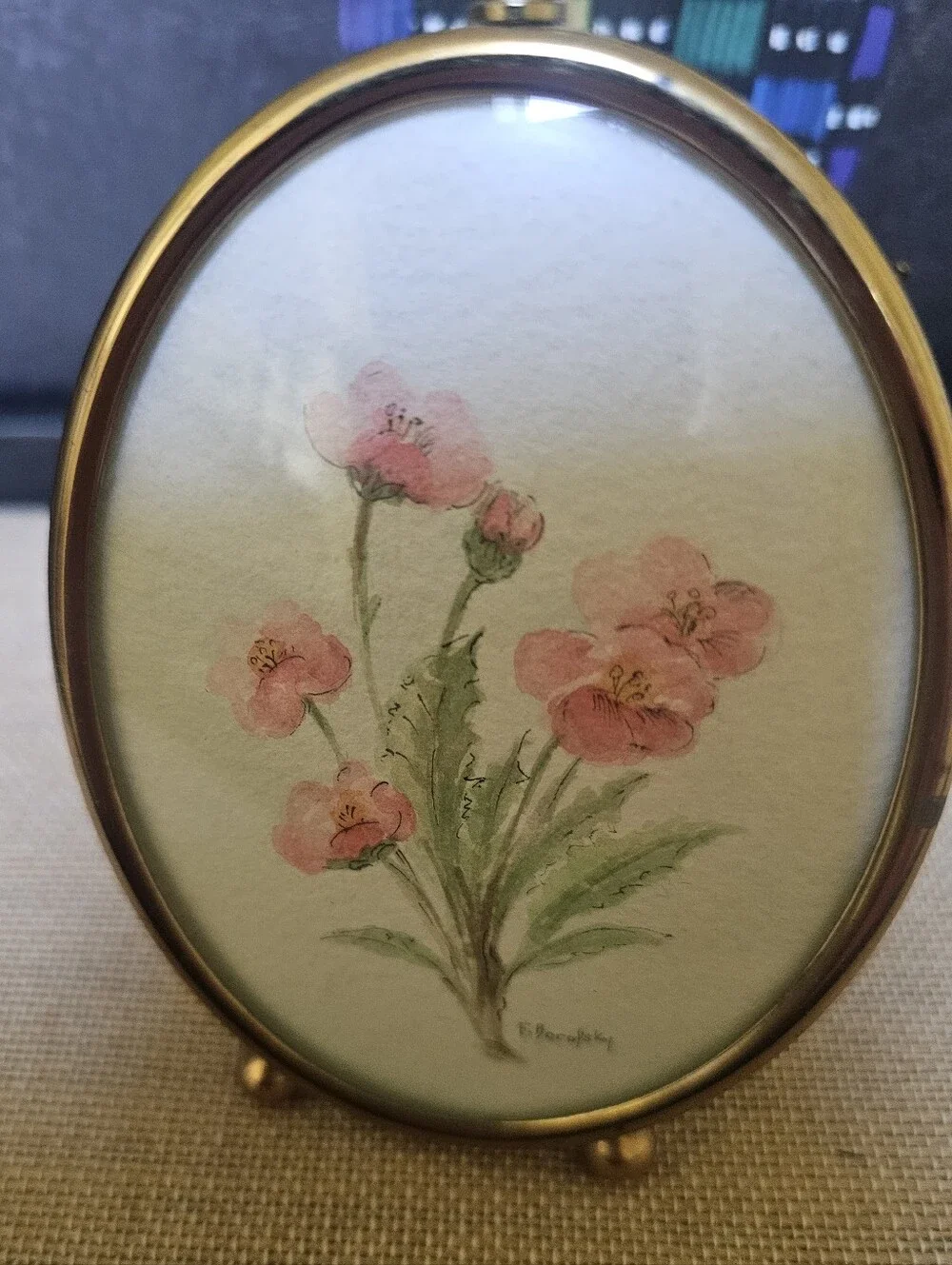 Vintage Miniature Floral Watercolor Oval Brass Frame Signed F Borofsky